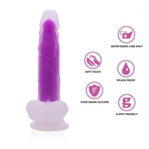 Jelly realistic dildo transparent purple YEAIN — liquid silicone, suction cup base, 19.5 cm